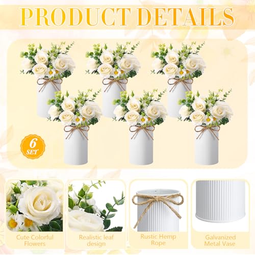 6 Sets Wedding Centerpiece for Table Decoration Artificial Fake Rose Flowers with Metal Vase, Faux Silk Rose Bouquet Floral