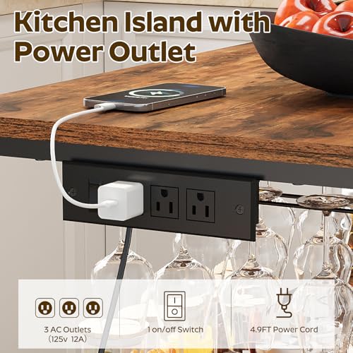 Kitchen Island with Power Outlet, Kitchen Storage Rack with 4 S Hooks, Microwave Stand with Wine Rack, 3-Tier Coffee Station,