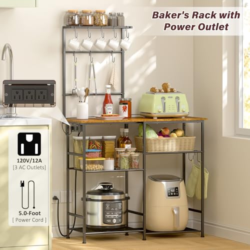 Bakers Rack with Power Outlet, Kitchen Microwave Stand with 10 S-shaped Hooks, 6-Tier Coffee Bar Station, Kitchen Storage Shelf