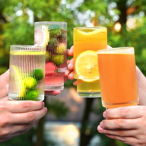 Ribbed Glasses Drinking Glassware - Set of 12 Vintage Cute Cocktail Cups - 6 Pcs Ripple Rluted Aesthetic Drinkware 16 oz & 6 Pcs