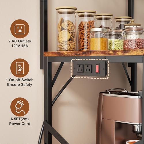 Kitchen Bakers Rack with Power Outlet, Small Coffee Bar Cart 4 Tiers, Microwave Stand Station with 8 S Hooks, Adjustable Shelf,