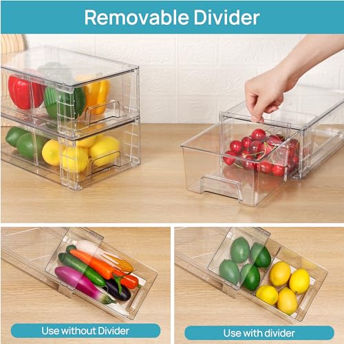 4 Pack Stackable Storage Drawers,Clear Acrylic Drawer Organizers with Handles, Easily Assemble for Fridge, Bathroom,Kitchen