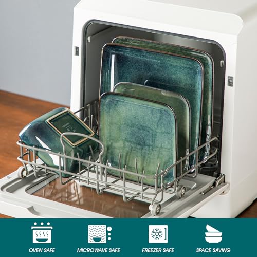 Stern Green Dinner Set Square Reactive Glaze Tableware 12 Pieces Kitchen Dinnerware Stoneware Crockery Set with Dinner Plate,