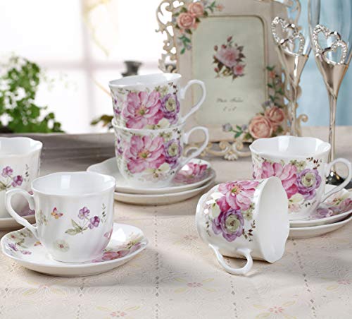 GY 12 PCS Tea Set - 7oz New Bone China tea Cups and Saucers with Pink Flower Pattern Porcelain Cups for Mocha Cappuccino Tea and