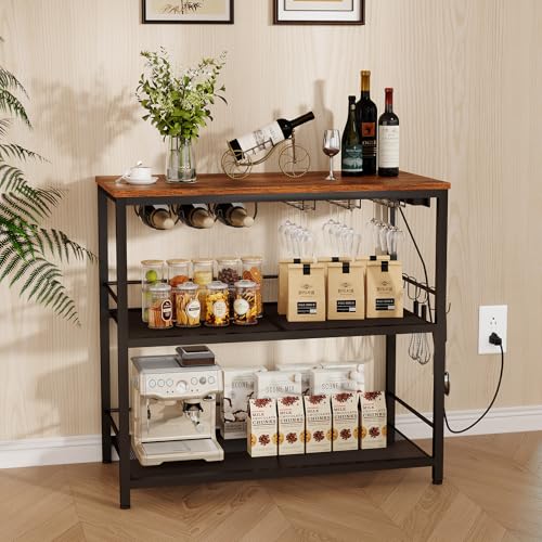 Kitchen Island with Power Outlet, Kitchen Storage Rack with 4 S Hooks, Microwave Stand with Wine Rack, 3-Tier Coffee Station,