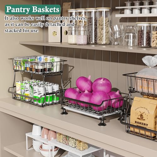 3-Tier Rolling Pantry Floor Organizer and Storage Cart with Wheels, Stackable Wire Pantry Baskets for Pantry Shelves, Kitchen