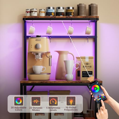 Kitchen Bakers Rack with Power Outlet & LED Lights, Small Coffee Bar Table with Adjustable Storage Shelf, 4 Tiers Microwave