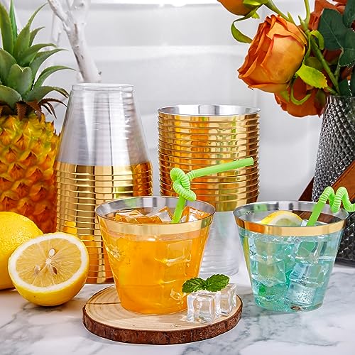 200 Pack Gold Plastic Cups, 9 Oz Elegant Clear Plastic Cups Gold Rimmed Disposable Wine Glasses Fancy Disposable Party Cups