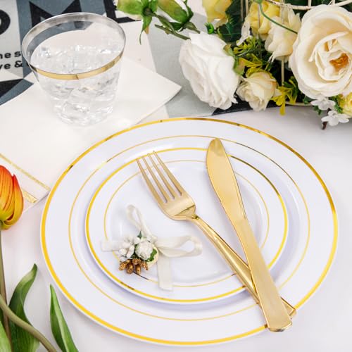 700PCS Gold Plastic Plates - Gold Disposable Dinnerware Set for 100 - Include 200 Dinner/Dessert Plates,300