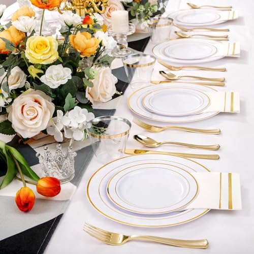 700PCS Gold Plastic Plates - Gold Disposable Dinnerware Set for 100 - Include 200 Dinner/Dessert Plates,300