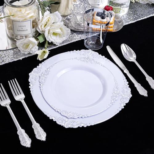 350PCS Silver Plastic Plates - Silver Plastic Dinnerware Sets for 50 Guests - 100 Disposable Plates, 150 Silverware, 50 Cups, 50