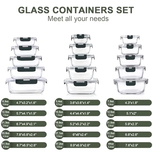 30 Pieces Glass Food Storage Containers Set, Glass Meal Prep Containers Set with Snap Locking Lids, Airtight lunch Containers