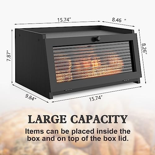 Bread Box for Kitchen Countertop Large Bread Box Farmhouse Bread Container Bread Storage with Window Bread Holder Black