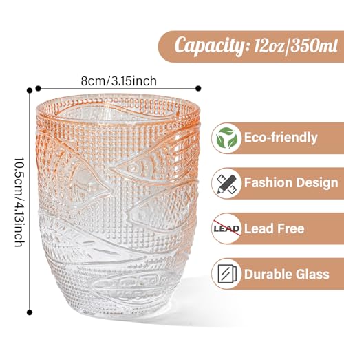 Hobnail Drinking Glasses Set of 6, 12 oz Vintage Fish Glassware Sets, Romantic Water Glasses, Textured Glass Cups, Embossed