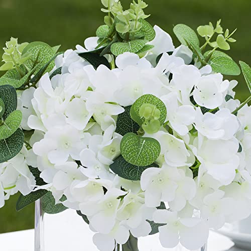 Silk Hydrangea Artificial Flowers with Vase, Mixed Fake White Hydrangea Flowers and Greenery in Faux Water Vase for Dining Table