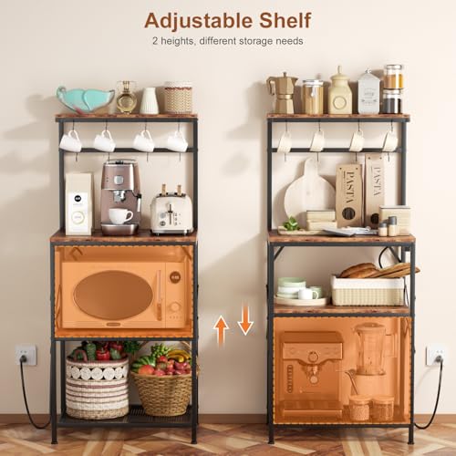 Kitchen Bakers Rack with Power Outlet, Small Coffee Bar Cart 4 Tiers, Microwave Stand Station with 8 S Hooks, Adjustable Shelf,