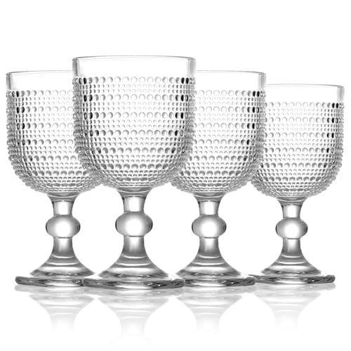12 oz Clear Vintage Wine Glasses,Hobnail Drinking Glasses Set of 4,Embossed Goblet Glasses for Wedding,Party, Dinner,Bar