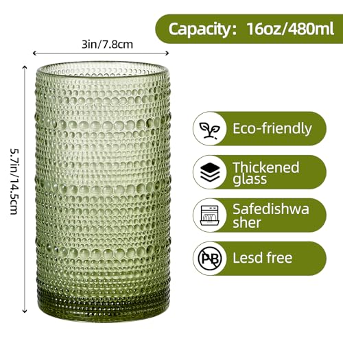 16oz Hobnail Drinking Glasses Set of 6, Vintage Large Capacity Embossed Green Tumblers, Highball Glasses for Water, Cocktail,