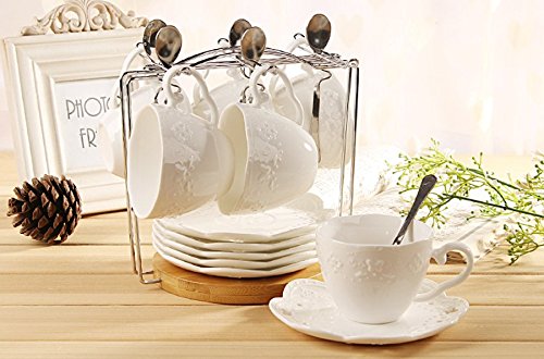 ® White Porcelain 5OZ- Tea Cup and Saucer Coffee Cup Set with Saucer and Spoon, Set of 6 (6 Tea Cup Set With Bracket)