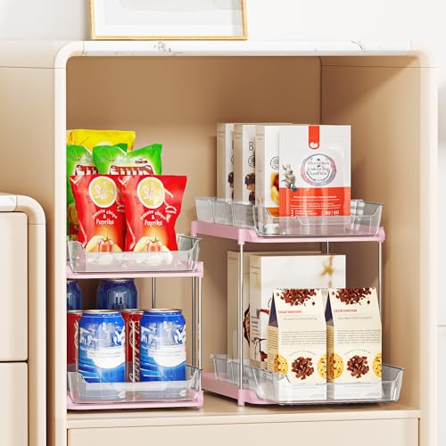 2 Sets of 2-Tier Multi-Purpose Bathroom Under Sink Organizers and Storage, Stackable Kitchen Pantry Organization, Pull Out