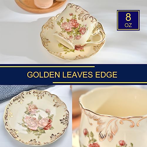 Tea Cups and Saucers Set of 2, Porcelain Floral Tea Cups Set with Holder, Fancy Vintage Teacups 8 oz