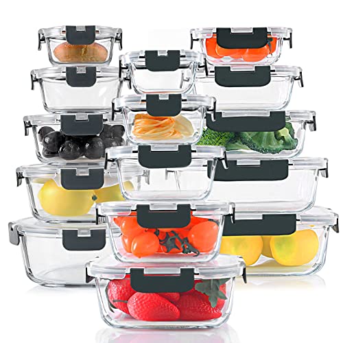 30 Pieces Glass Food Storage Containers Set, Glass Meal Prep Containers Set with Snap Locking Lids, Airtight lunch Containers