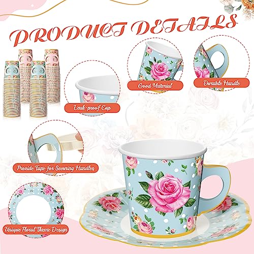 60 Sets Tea Party Decorations Floral Paper Tea Cups with Handle and Plates Disposable Blossom Teacups and Saucers Sets with Tape