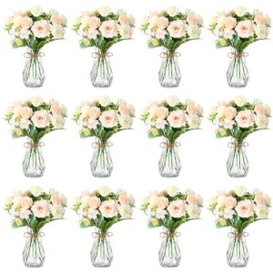 37 Pack Fake Flowers with Vase 24 Bundles Artificial Hydrangea Bouquets 12 Clear Vase for Home Office Farmhouse Centerpiece