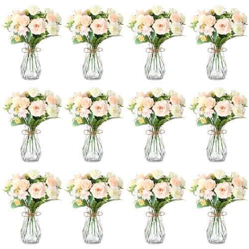 37 Pack Fake Flowers with Vase 24 Bundles Artificial Hydrangea Bouquets 12 Clear Vase for Home Office Farmhouse Centerpiece