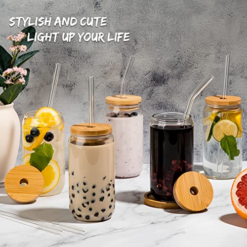 16 Oz Drinking Glasses with Bamboo Lids and Glass Straw - 6 Pcs Glass Cups Beer Ice Coffee Glasses Cute Aesthetic Cup Great for
