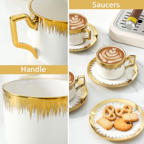 Cappuccino Cups with Saucers, 8.5 oz Stackable Ceramic Coffee Cup and Saucer with Gold Trim, Turkish Coffee Cups Set for Double