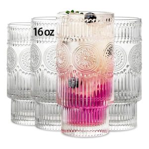 4 Pack Large 16oz Ribbed Glassware Set, Flower Design Stackable Glass Cups, Vintage Textured Clear Striped Drinking Glasses Set,