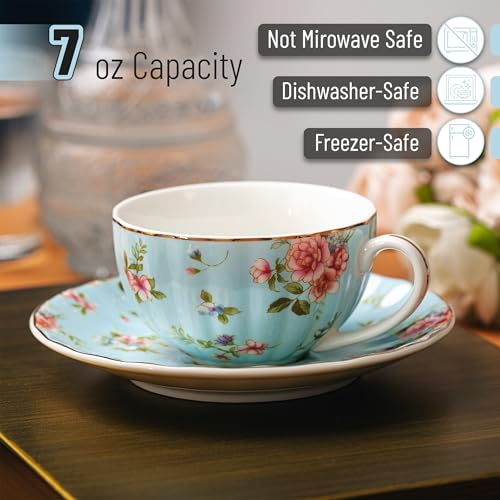 BTaT- Floral Tea Cups and Saucers Set of 6 (7 oz), Porcelain Tea Cups Set of 6, Pastel Bloom Design with Gold Trim, Dishwasher &