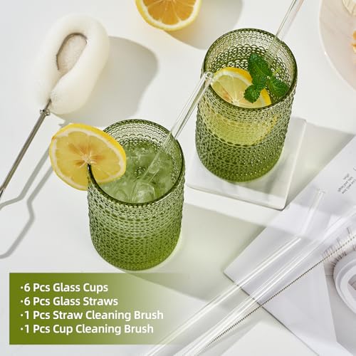 16oz Hobnail Drinking Glasses Set of 6, Vintage Large Capacity Embossed Green Tumblers, Highball Glasses for Water, Cocktail,