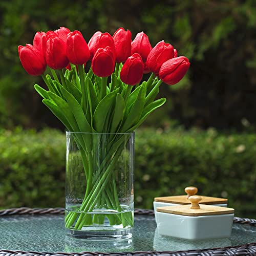 20 Pieces Real Touch Artificial Tulips Flowers in Vase, Fake Red Tulips with Vase and Faux Water for Home Wedding Decoration,