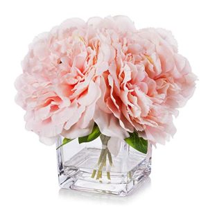 Artificial Peony Flowers Arrangements in Cube Glass Vase with Faux Water for Home Table Wedding Centerpiece Decor (Pink)