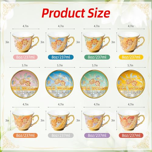 Tea Cups and Saucers Set of 8, 8 OZ Floral Tea Cup with Saucer, Vintage Tea Cups Porcelain Tea Set with Spoon for Latte, Mocha,