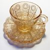 Vintage Embossed Sunflower Flower Design Set of Two Amber Pressed Glass Cups and Saucers Set Made of Retro Relief Lead-free