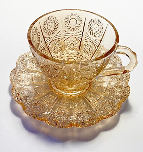 Vintage Embossed Sunflower Flower Design Set of Two Amber Pressed Glass Cups and Saucers Set Made of Retro Relief Lead-free