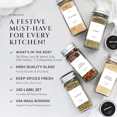 Glass Spice Jars with Labels with Metal Lids and Shakers Farmhouse 36 Pack Set, 4oz Small Clear Empty Spice Bottles Seasoning