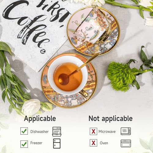 Tea Cups and Saucers Set of 8, 8 OZ Floral Tea Cup with Saucer, Vintage Tea Cups Porcelain Tea Set with Spoon for Latte, Mocha,