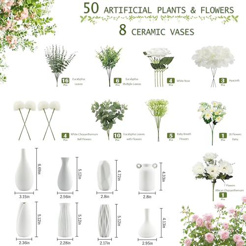 Artificial Flowers with Ceramic Vases, 58 Pcs Fake Plants and Flowers in Vases Set of 8,DIY Table Centerpieces for Wedding,Home