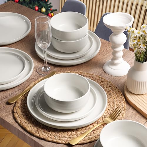 Stoneware Dinnerware Sets, 18-Piece Plates and Bowls Set for 6, Dishes Set for Home Restaurant, Speckled Milky White