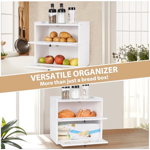 Bread Box for Kitchen Countertop Wooden Bread Storage Container Bin 2 Layer Breadbox Holder Large Capacity Keeper Vintage