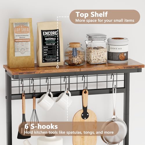 Kitchen Bakers Rack with Hutch, Coffee Bar Station 4 Tiers, Microwave Oven Stand with 6 S Hooks and Pegboard, Kitchen Microwave