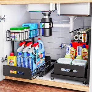 2 Pack Under Sink Organizers and Storage,Pull Out Cabinet Organizer,2-Tier Sliding Out Kitchen Basket Sink Shelf Cabinet