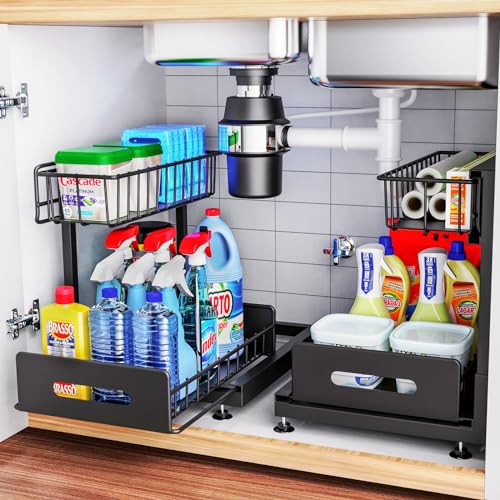 2 Pack Under Sink Organizers and Storage,Pull Out Cabinet Organizer,2-Tier Sliding Out Kitchen Basket Sink Shelf Cabinet