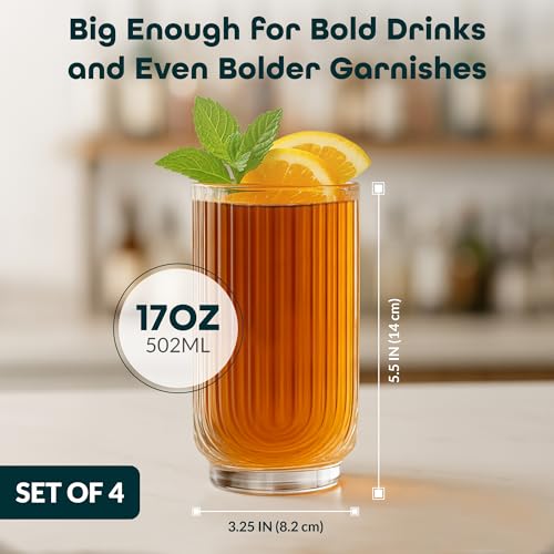 Drinking Glasses Set of 4. 17oz Vintage Ripple Cocktail Glasses, Ribbed Highball Glass Cups. Arch Designed Art Deco Glassware