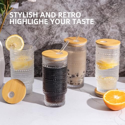Drinking Glasses with Bamboo Lids and Glass Straw 4pcs Set,16oz Glass Tumbler Cups,Water Glasses,Iced Coffee Glasses,iced Tea