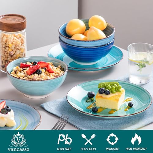 Bonita Dinnerware Set 24 Pieces Blue Stoneware Service for 6, Handpainted Spirals Pattern Stoneware Combination Set